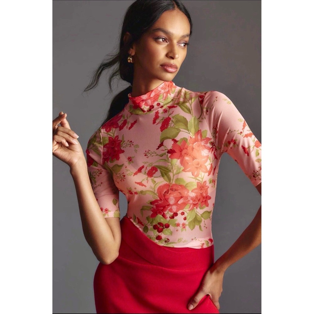 Anthropologie S Pink Red Floral Mesh Mock Neck S/S Top Romantic, Cottage Coquete